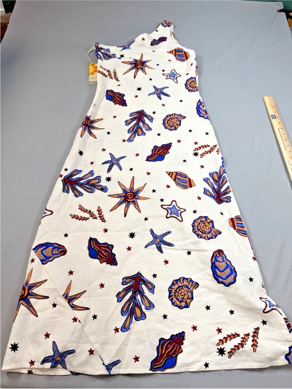 🍾NWT C&C California One-Shoulder White Maxi Dress w/Nautical Shell Print, Size L - Picture 6 of 8